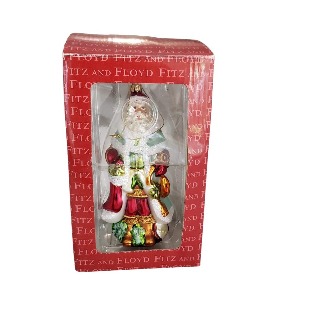 Fitz & Floyd Glass Ornament Santa With Stocking 6" Tall Dimensional